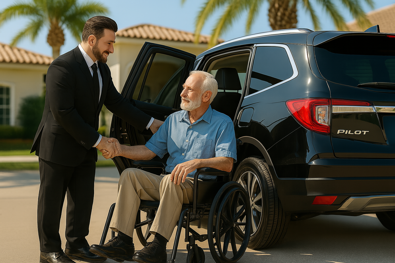 Professional chauffeur assisting an elderly man with a mobility aid into a luxury vehicle
