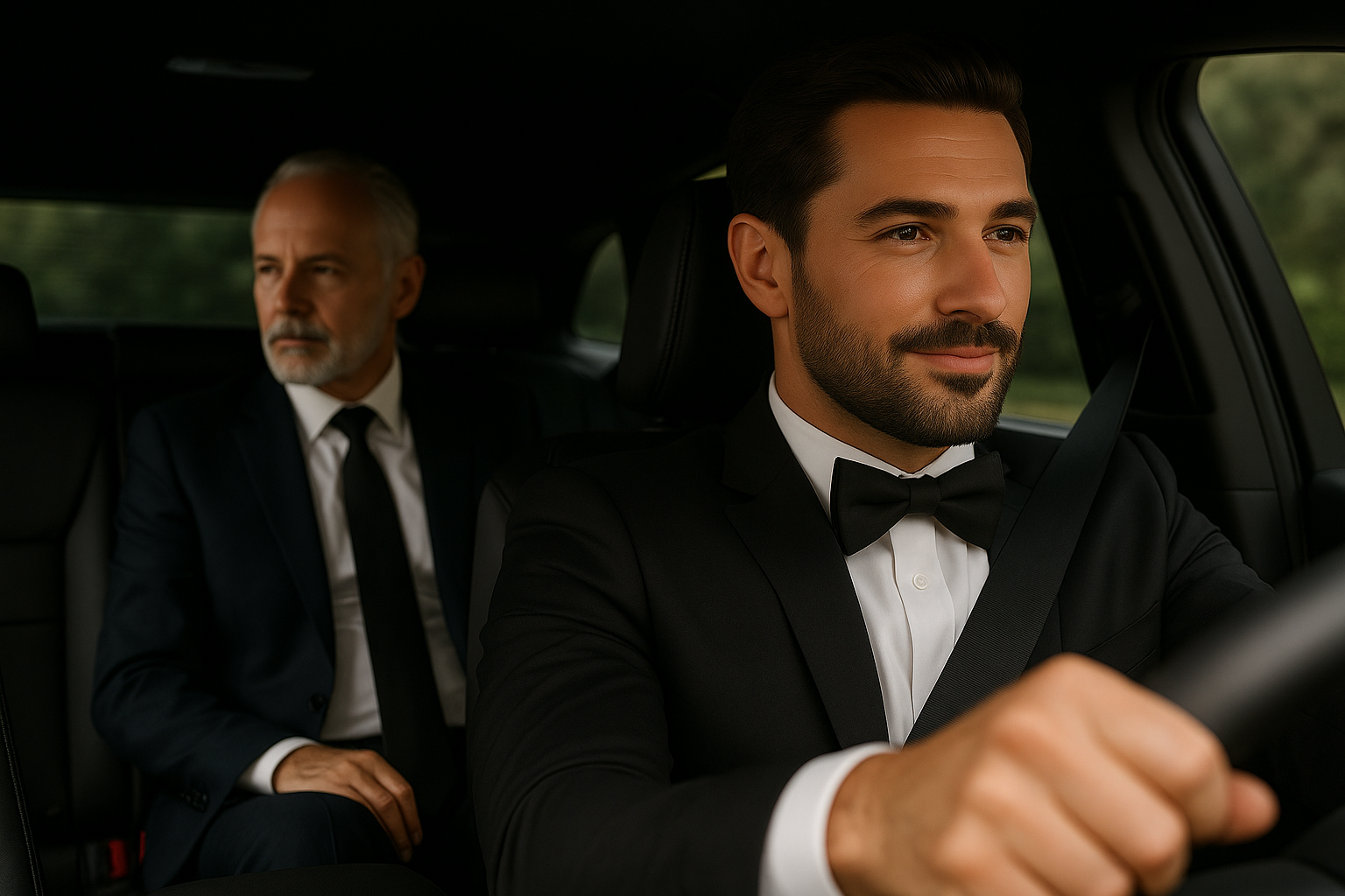 Professional chauffeur driving a luxury car with a discreet businessman passenger, tinted windows for privacy – Nobleon Ride