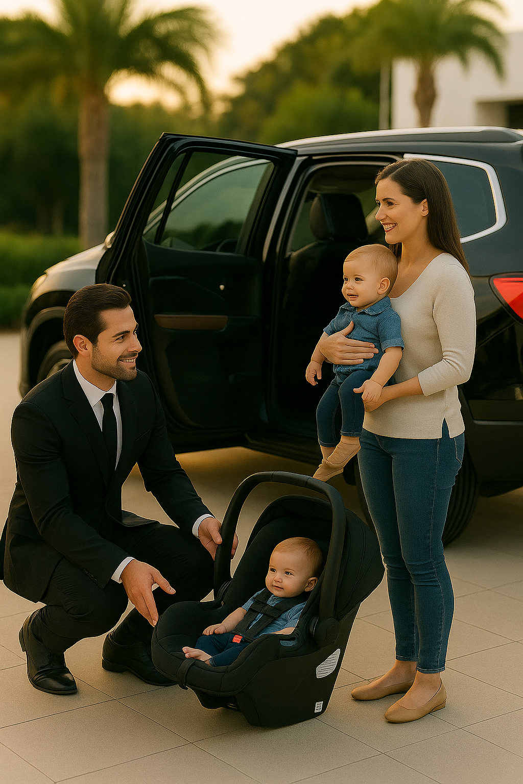 Chauffeur assisting a mother with a baby in a car seat during a premium ride service.