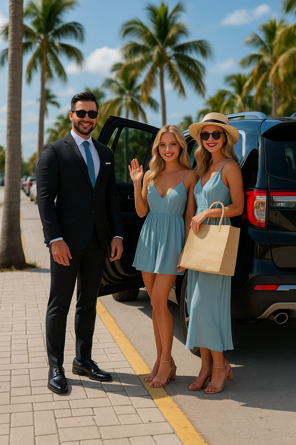 Two elegant women in blue dresses smiling next to black SUV and chauffeur on palm-lined street