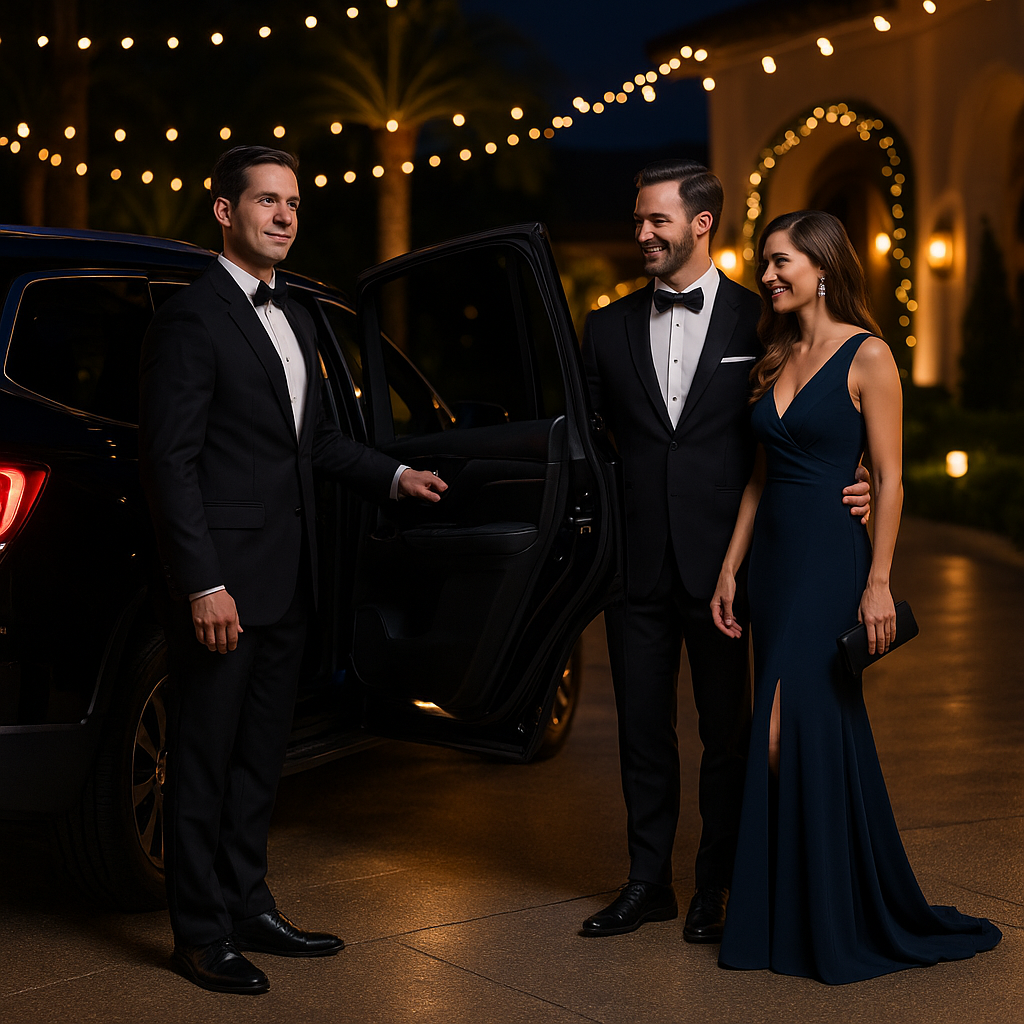 Chauffeur in black tuxedo opening door for elegant couple in evening attire, luxury SUV, string lights in background