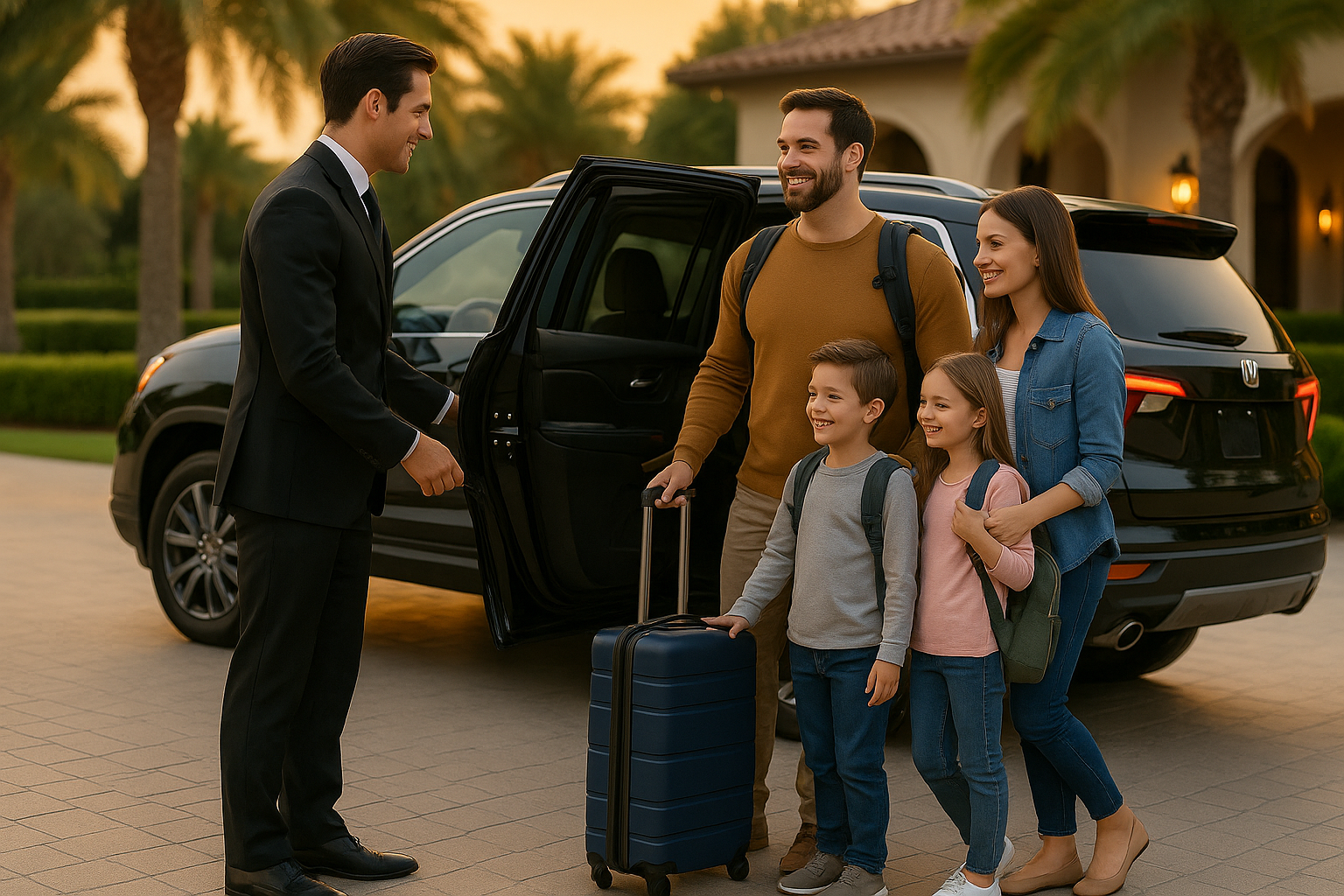 Smiling family with two kids greeted by chauffeur in front of black SUV for a long-distance ride