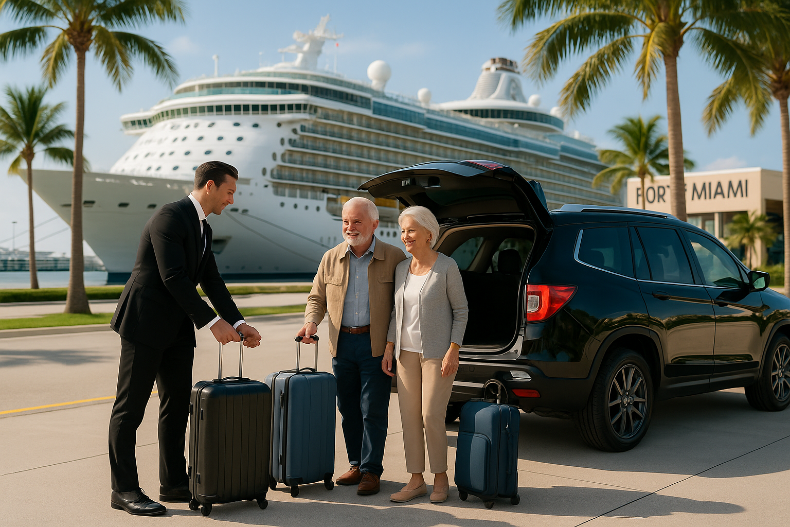 Private cruise port transfer in Miami with luxury chauffeur service and luggage assistance for senior couple.